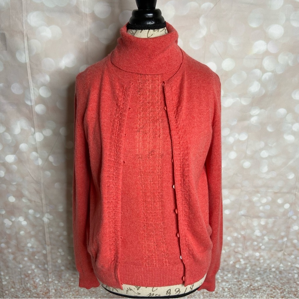 TSE Cashmere Coral Cardigan and Turtleneck Sweater Set Large